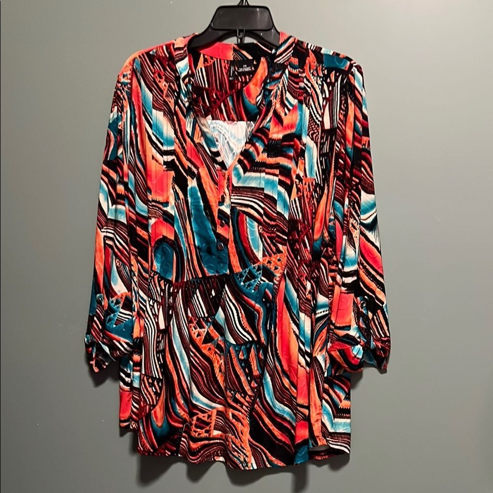 New Directions Black and Orange Graphic Blouse with 3/4 Sleeves